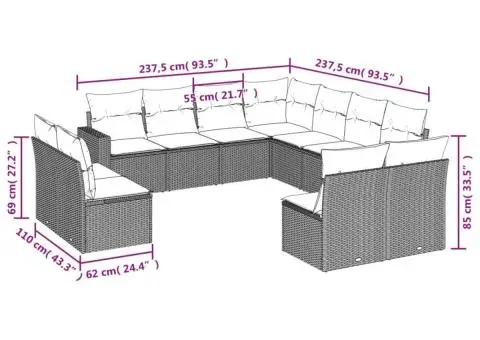 Set canapele de grădină cu perne, 11 piese, maro, poliratan - 3/3