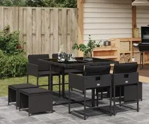 vidaXL Set mobilier de grădină cu perne, 9 piese, negru, poliratan