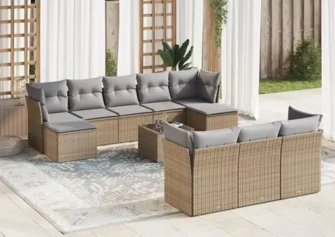 Set canapele de grădină cu perne, 11 piese, bej, poliratan - 1/3