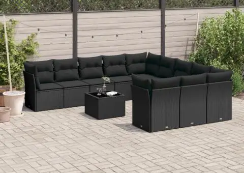 Set canapele de grădină, 12 piese, cu perne, negru, poliratan - 1/3