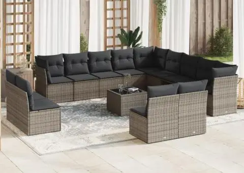 Set mobilier de grădină cu perne, 14 piese, gri, poliratan - 1/3