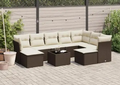 Set canapele de grădină cu perne, 10 piese, maro, poliratan - 1/3