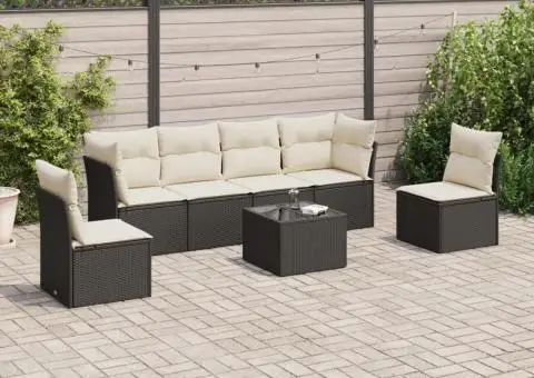 Set canapele de grădină cu perne, 7 piese, negru, poliratan - 1/3