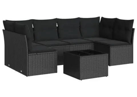 Set canapele de grădină cu perne, 7 piese, negru, poliratan - 2/3