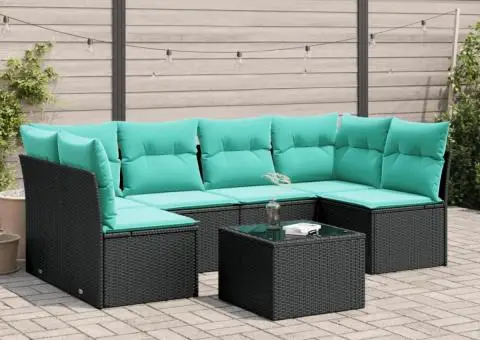 Set canapele de grădină cu perne, 7 piese, negru, poliratan - 1/3