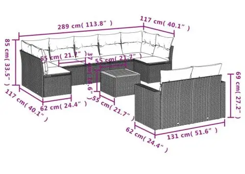 Set canapele de grădină cu perne, 10 piese, negru, poliratan - 3/3