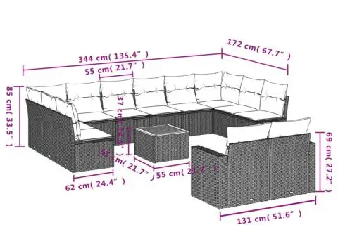 Set mobilier de grădină cu perne, 13 piese, negru, poliratan - 3/3