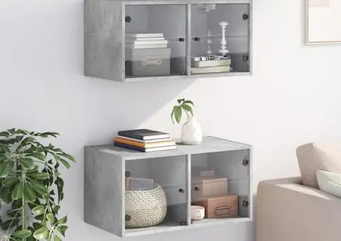 Dulapuri de perete cu uși sticlă 2 buc. gri beton 68,5x37x35 cm - 3/5