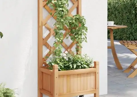 Jardinieră cu spalier și roți, maro, lemn masiv de brad - 1/5