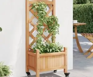vidaXL Jardinieră cu spalier și roți, maro, lemn masiv de brad