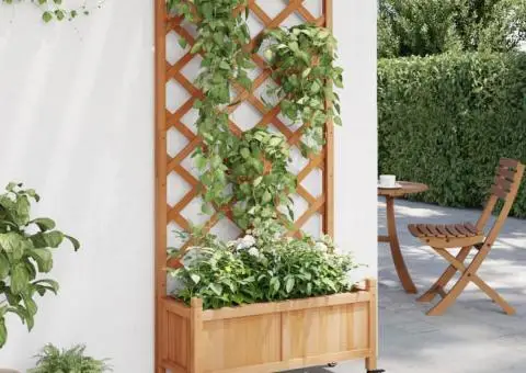 Jardinieră cu spalier și roți, maro, lemn masiv de brad - 3/5