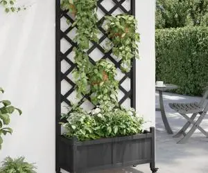 vidaXL Jardinieră cu spalier și roți, negru, lemn masiv de brad