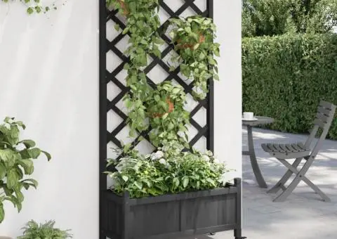 Jardinieră cu spalier și roți, negru, lemn masiv de brad - 3/5