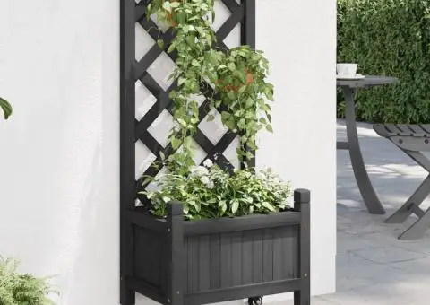 Jardinieră cu spalier și roți, negru, lemn masiv de brad - 1/5