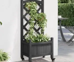 vidaXL Jardinieră cu spalier și roți, negru, lemn masiv de brad