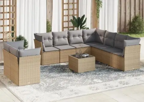 Set canapele de grădină cu perne, 10 piese, bej, poliratan - 1/3