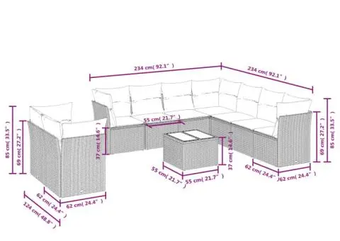 Set canapele de grădină cu perne, 10 piese, bej, poliratan - 3/3