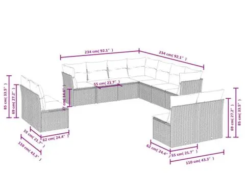 Set canapele de grădină cu perne, 11 piese, bej, poliratan - 3/3