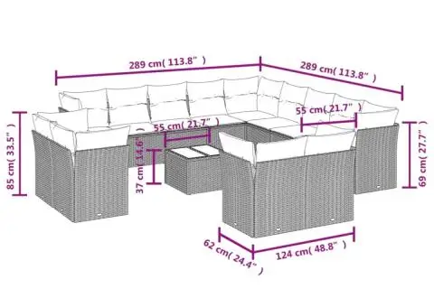 Set canapele de grădină, 14 piese, cu perne, bej, poliratan - 3/3