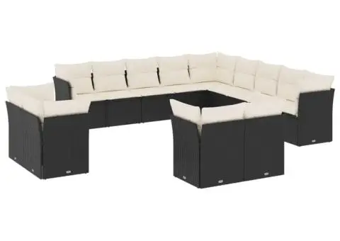 Set mobilier de grădină cu perne, 13 piese, negru, poliratan - 2/3