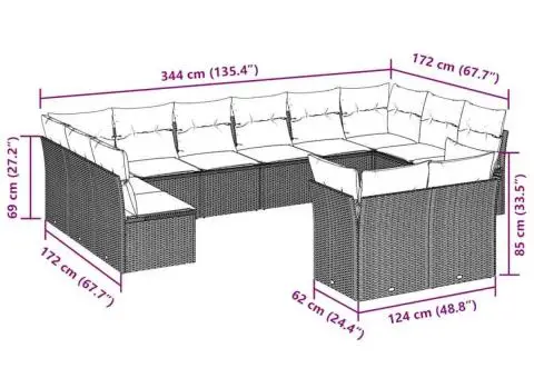 Set canapele de grădină cu perne, 12 piese, maro, poliratan - 3/3