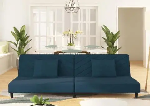 Canapea extensibilă cu 2 locuri, 2 perne, albastru, catifea - 1/5