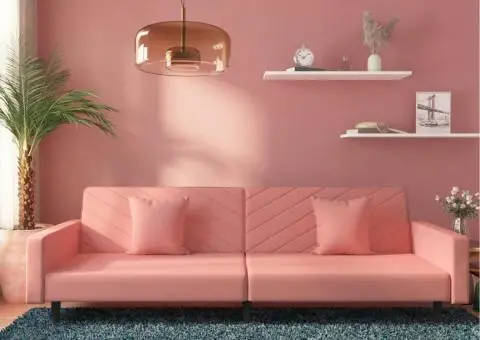 Canapea extensibilă cu 2 locuri, 2 perne, roz, catifea - 1/5