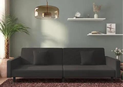 Canapea extensibilă cu 2 locuri, 2 perne, negru, catifea - 1/5