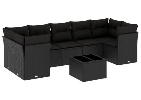 Set mobilier de grădină cu perne, 8 piese, negru, poliratan - 2/3