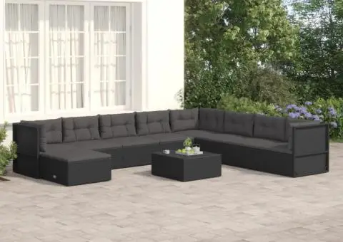 Set mobilier de grădină cu perne, 9 piese, negru, poliratan - 1/5