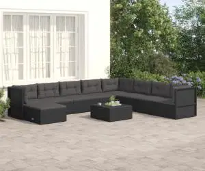 vidaXL Set mobilier de grădină cu perne, 9 piese, negru, poliratan