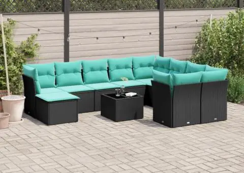 Set canapele de grădină cu perne, 11 piese, negru, poliratan - 1/3