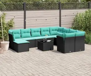 vidaXL Set canapele de grădină cu perne, 11 piese, negru, poliratan