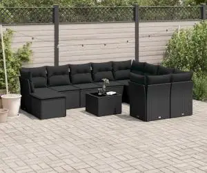vidaXL Set canapele de grădină cu perne, 11 piese, negru, poliratan