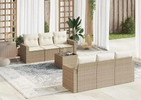 Set canapele de grădină, 7 piese, cu perne, bej, poliratan - 1/3