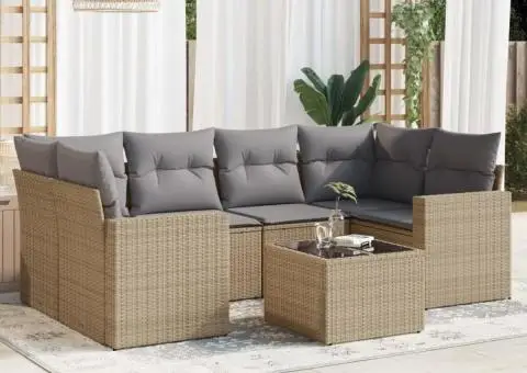 Set canapele de grădină, 7 piese, cu perne, bej, poliratan - 1/3