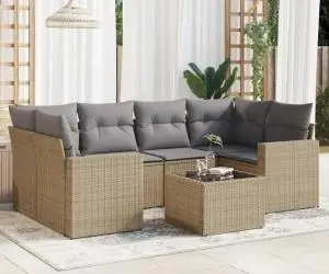 vidaXL Set canapele de grădină, 7 piese, cu perne, bej, poliratan