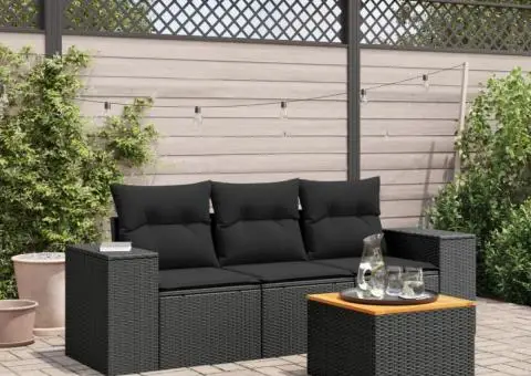 Set mobilier de grădină cu perne, 4 piese, negru, poliratan - 1/3