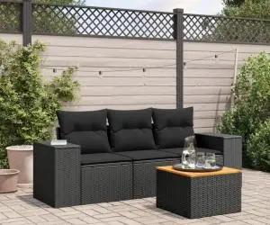 vidaXL Set mobilier de grădină cu perne, 4 piese, negru, poliratan