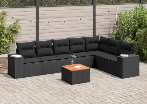 Set mobilier de grădină cu perne, 8 piese, negru, poliratan - 1/3