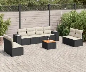 vidaXL Set mobilier de grădină cu perne, 9 piese, negru, poliratan