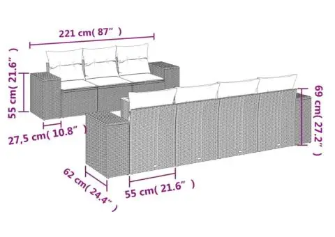 Set canapele de grădină cu perne, 8 piese, gri, poliratan - 3/3