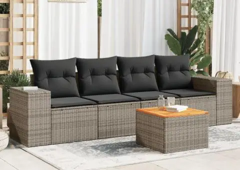 Set canapea de grădină cu perne, 5 piese, gri, poliratan - 1/3