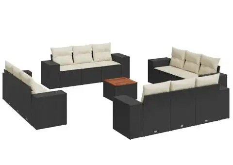 Set mobilier de grădină cu perne, 13 piese, negru, poliratan - 2/3
