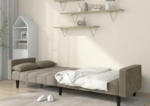 Canapea extensibilă cu 2 locuri, 2 perne, gri deschis, catifea - 3/5