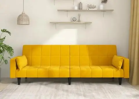 Canapea extensibilă cu 2 locuri, 2 perne, galben, catifea - 1/5