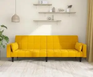 vidaXL Canapea extensibilă cu 2 locuri, 2 perne, galben, catifea