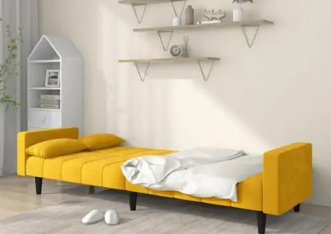 Canapea extensibilă cu 2 locuri, 2 perne, galben, catifea - 3/5