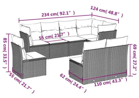 Set canapele de grădină cu perne, 8 piese, maro, poliratan - 3/3