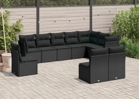 Set canapele de grădină cu perne, 10 piese, negru, poliratan - 1/3